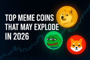 Dogecoin, Pepe, and Shiba Inu meme coin icons displayed beside a rising crypto chart with the text ‘Top Meme Coins That May Explode in 2026.