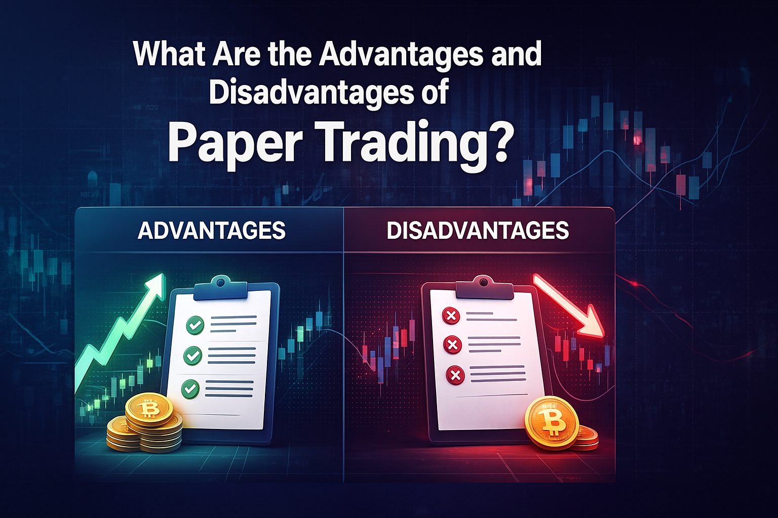A horizontal digital banner showing a comparison of the advantages and disadvantages of paper trading, with a green upward chart on the left and a red downward chart on the right.
